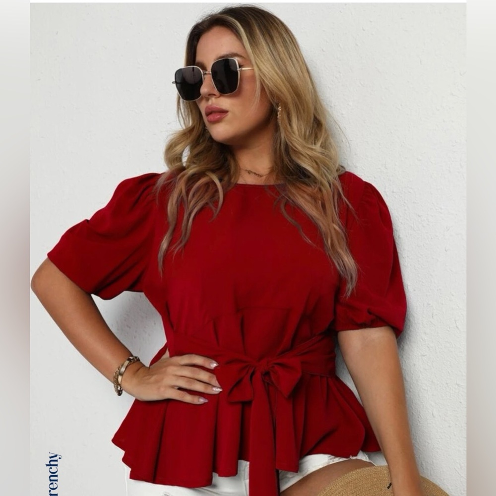 Shein plus size top, red with front bow tie